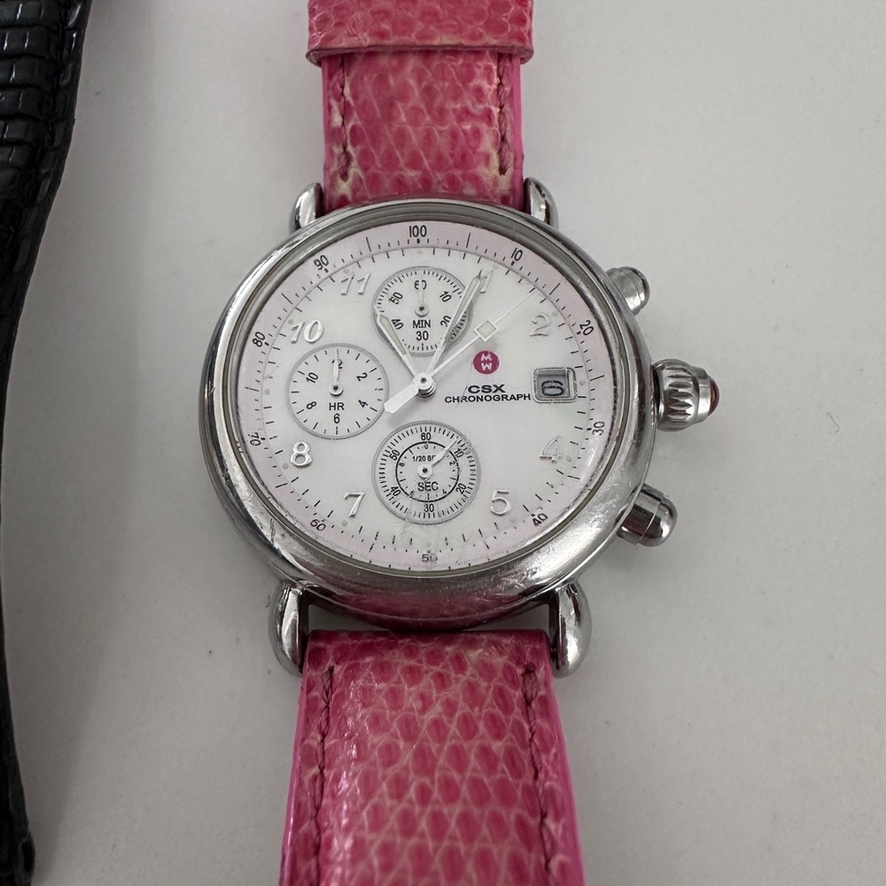 Michele Stainless Chronograph Watch Y2K with pink and black leather straps